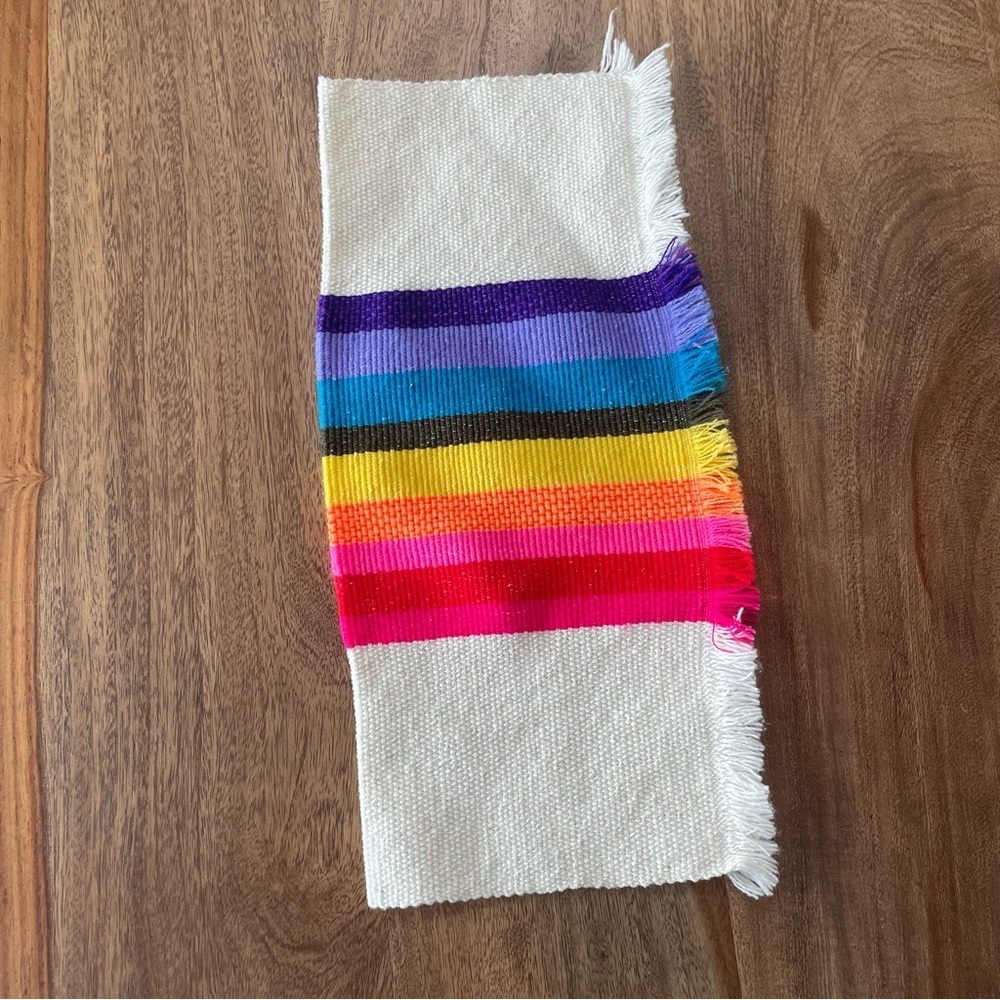 Striped Rainbow Fringe Edge Placemat Square Corners Set of 4 Picnic Retro Bright - Picture 6 of 13